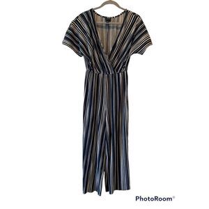 ﻿Daytrip Women's Striped Short Sleeve Faux Wrap Jumpsuit Black Small